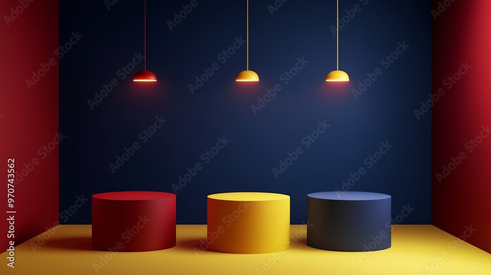 76. Set of yellow, dark blue, red realistic 3d cylinder stand podium in corner rooms with hanging neon lamps. Stage showcase, Product display. 3D Vector rendering geometric forms. Abstract minimal 76. Set of yellow, dark blue, red realistic 3d cylinder stand podium in corner rooms with hanging neon lamps. Stage showcase, Product display. 3D Vector rendering geometric forms. Abstract minimal