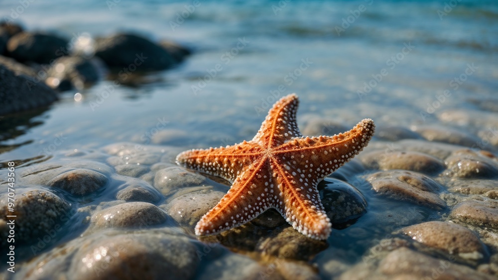 Colorful starfish resting on rocky beach in shallow water Colorful starfish resting on rocky beach in shallow water