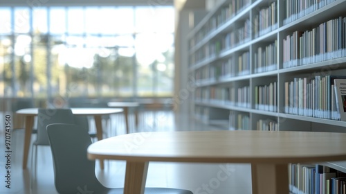 Modern library or bookstore interior with Learning and coworking space,relax zone,Library with rows of bookshelves arranged,school,university,shared desk and chairs,panoramic window.