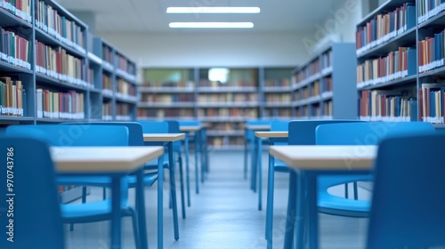 Modern library or bookstore interior with Learning and coworking space,relax zone,Library with rows of bookshelves arranged,school,university,shared desk and chairs,panoramic window.