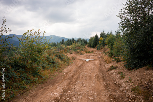 Muddy road after rain in the mountains
