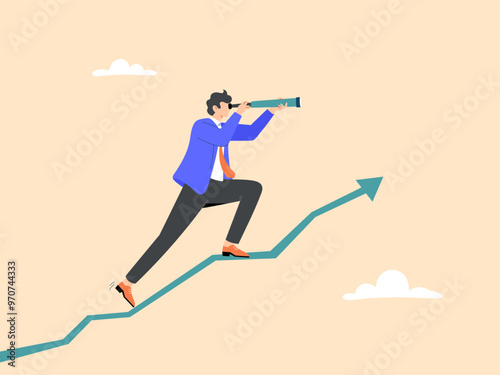 Businessman using binoculars looking for business opportunities on a growing graph