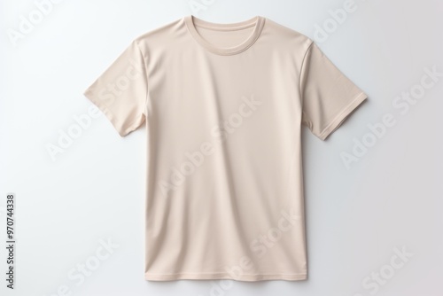 A minimalist, beige t-shirt is neatly laid out on a plain white surface, accentuating its simplicity and clean design.