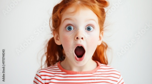 Portrait en gros plan d'une petite fille mignonne et drôle avec une expression faciale surprise, un enfant choqué et ému regardant l'appareil photo, isolé sur un fond blanc. 