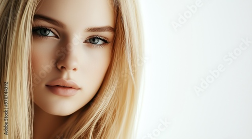 Une belle fille blonde aux yeux verts et à la peau impeccable, sur fond blanc, représentant les services offerts par un spa ou un salon de maquillage, image avec espace pour texte. photo