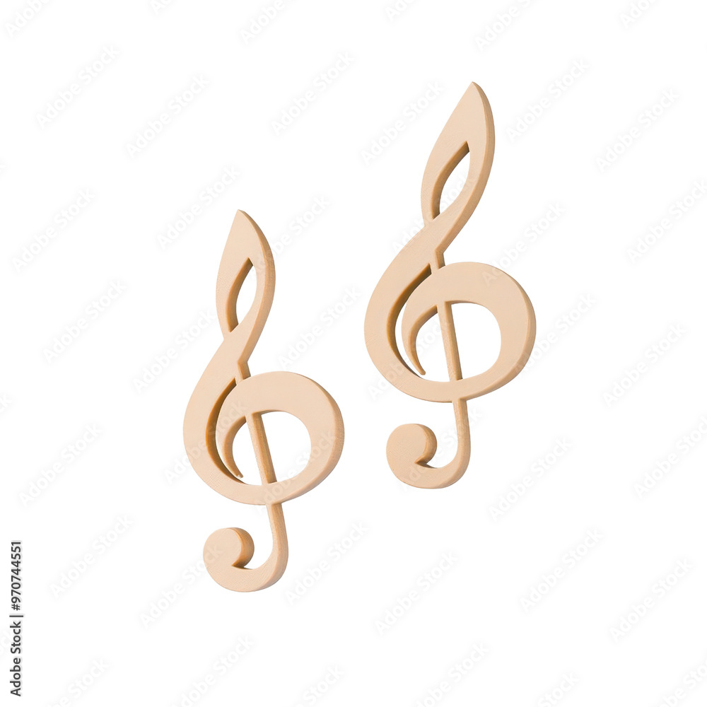 Naklejka premium Two elegant wooden treble clefs isolated on a transparent background, symbolizing music and creativity.