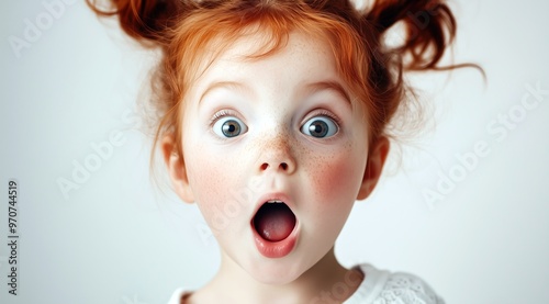 Gros plan du portrait d'une petite fille mignonne et drôle avec une expression faciale surprise, un enfant choqué et ému regardant l'appareil photo, isolé sur un fond blanc.  photo