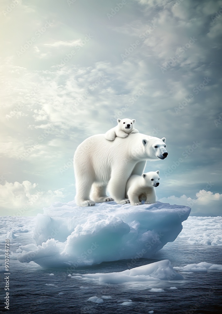 Un ours polaire femelle, en arctique, avec ses deux oursons, debout sur un morceau de glace brisée à la dérive sur l'océan arctique, image avec espace pour texte. Un ours polaire femelle, en arctique, avec ses deux oursons, debout sur un morceau de glace brisée à la dérive sur l'océan arctique, image avec espace pour texte.