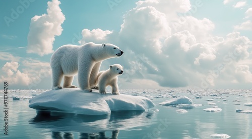 Deux ours polaires, la mère et l'ourson, debout sur un morceau de glace brisée à la dérive dans l'océan arctique, image avec espace pour texte. photo