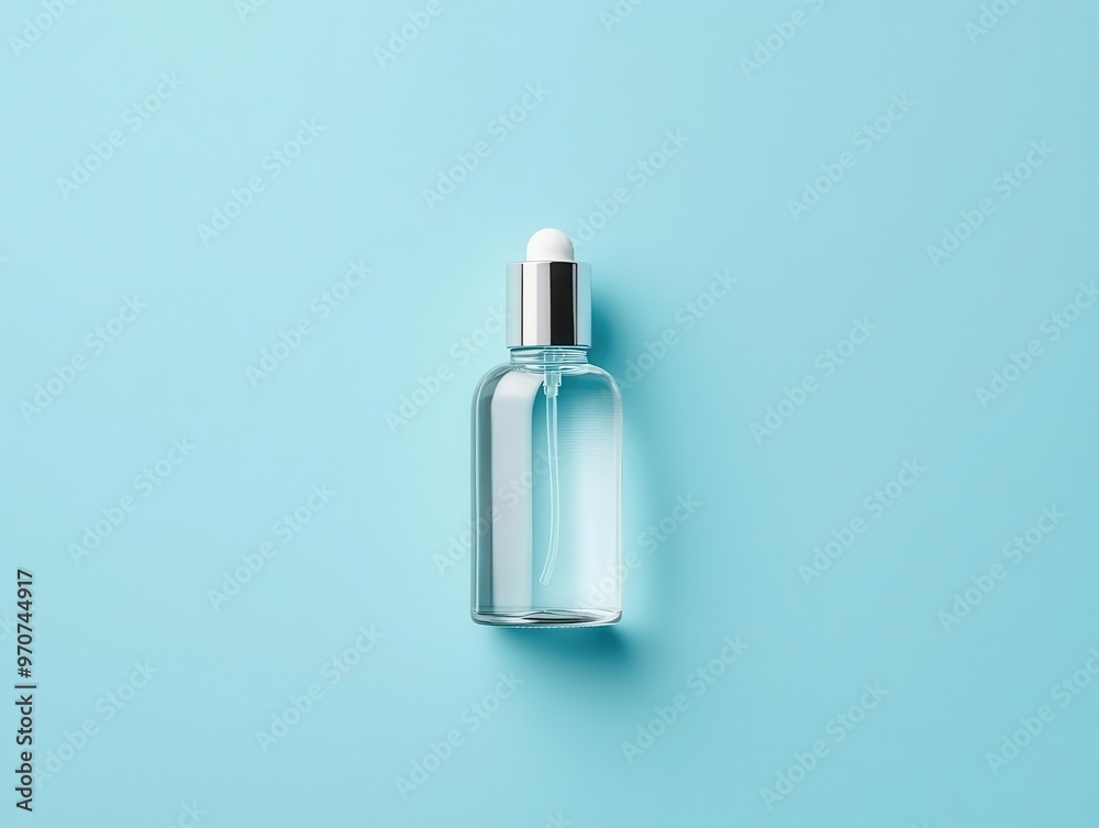 Flatlay of a single cosmetic bottle on a pastel blue background, minimalist style, clean shadows, top view Flatlay of a single cosmetic bottle on a pastel blue background, minimalist style, clean shadows, top view