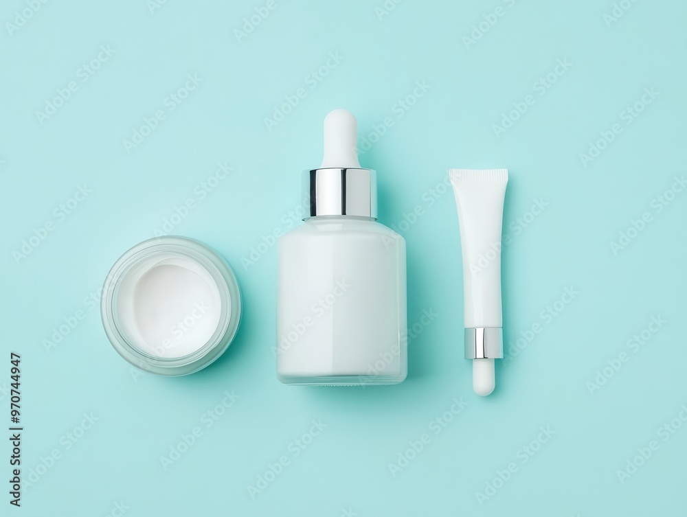 Flatlay of a cream jar and dropper arranged neatly on a pastel blue surface, minimalist aesthetic, top view Flatlay of a cream jar and dropper arranged neatly on a pastel blue surface, minimalist aesthetic, top view