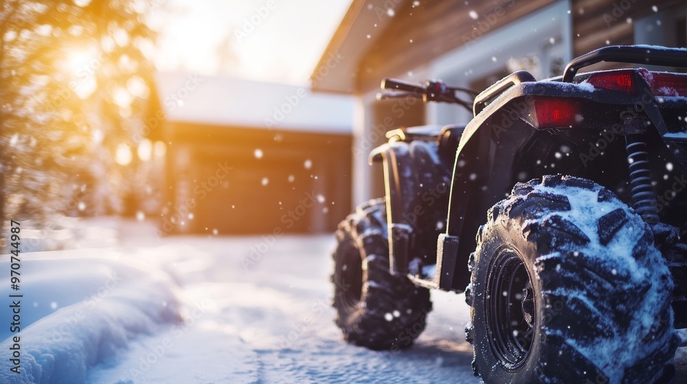 Back POV close up detail view of quad bike offroad vehicle parked front house garage open door on sunny snowy cold winter day. ATV adventure extreme sport. Scoop snow removal tool eqiopment at home Back POV close up detail view of quad bike offroad vehicle parked front house garage open door on sunny snowy cold winter day. ATV adventure extreme sport. Scoop snow removal tool eqiopment at home