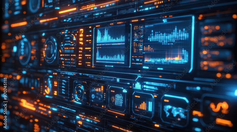 Fototapeta premium Futuristic digital interface displaying data and graphs, perfect for technology and data visualization concepts.