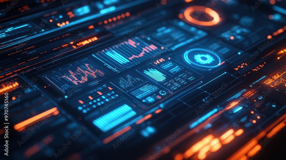 Futuristic digital interface with glowing data visualizations in vibrant blue and orange colors for technology concepts. Futuristic digital interface with glowing data visualizations in vibrant blue and orange colors for technology concepts.