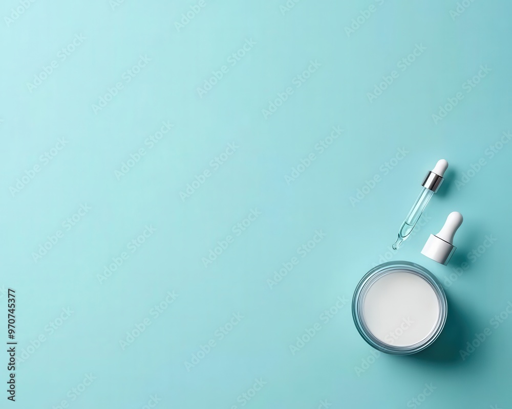 Flatlay of a cosmetic jar and droppers on a soft pastel blue background, minimalist aesthetic, clean shadows, top view Flatlay of a cosmetic jar and droppers on a soft pastel blue background, minimalist aesthetic, clean shadows, top view