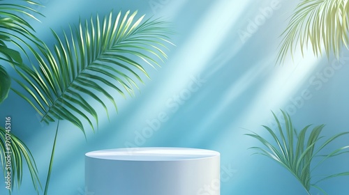 101. White podium on pastel blue background with palm leaves and sunlight elements, 3D rendering illustration. Elegant white podium set against a soft pastel blue background, highlighted by palm