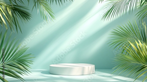 103. White podium on pastel blue background with palm leaves and sunlight elements, 3D rendering illustration. Chic white podium surrounded by tropical palm leaves and bathed in soft sunlight, all