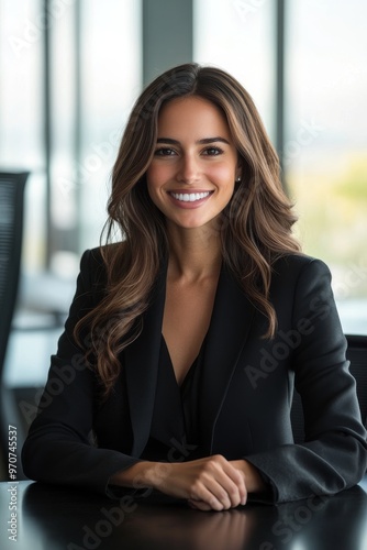 Free Download A young woman with long dark hair smiles confidently while sitting at a table in a modern office. She is wearing a black blazer and has a professional look. - GFXLoad