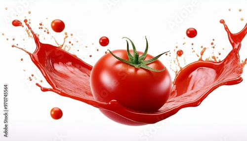 Tomato falling into sauce splash isolated on white. ai generated photo