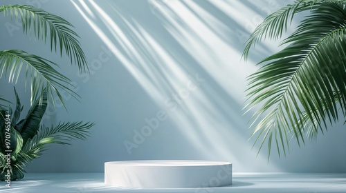 105. White podium on pastel blue background with palm leaves and sunlight elements, 3D rendering illustration. Clean white podium illuminated by soft sunlight, framed by palm leaves on a calming