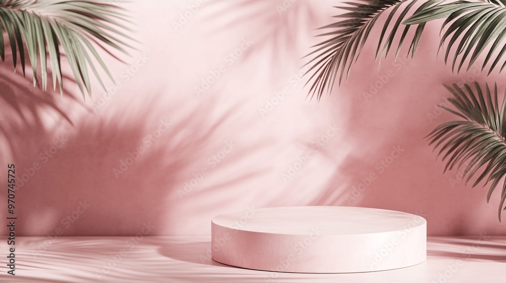 106. 3D pedestal podium on pastel pink background. Beauty cosmetic product promotion display exhibition with exotic natural leaf shading. 3D rendering illustration. Elegant 3D pedestal podium on a 106. 3D pedestal podium on pastel pink background. Beauty cosmetic product promotion display exhibition with exotic natural leaf shading. 3D rendering illustration. Elegant 3D pedestal podium on a