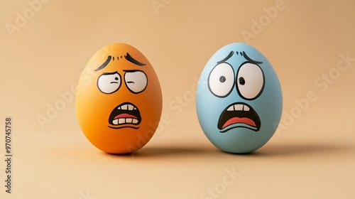 Two eggs with painted funny faces representing people in worried and carefree emotional states. Close up view on beige background