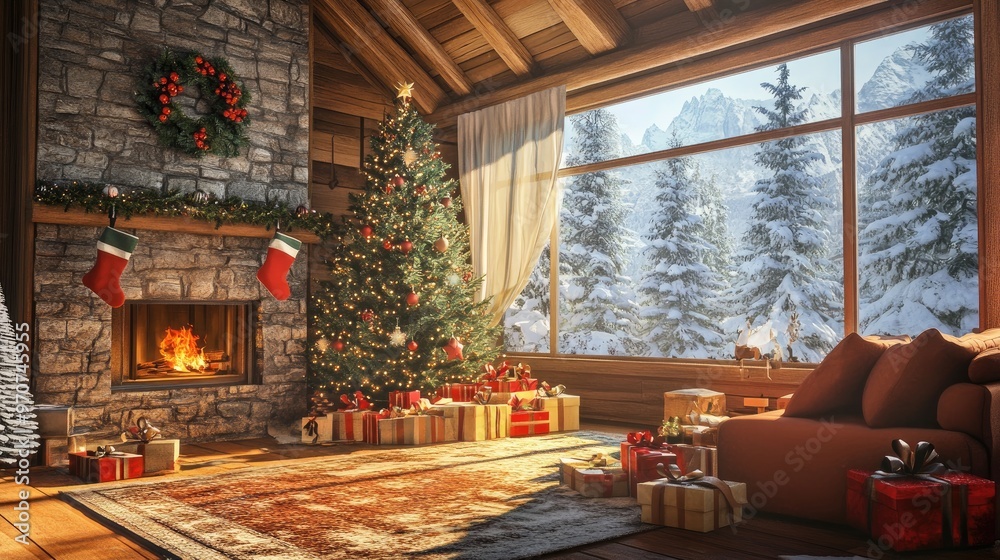 A cozy living room with a beautifully decorated Christmas tree and gifts under it, creating a festive holiday scene. A cozy living room with a beautifully decorated Christmas tree and gifts under it, creating a festive holiday scene.