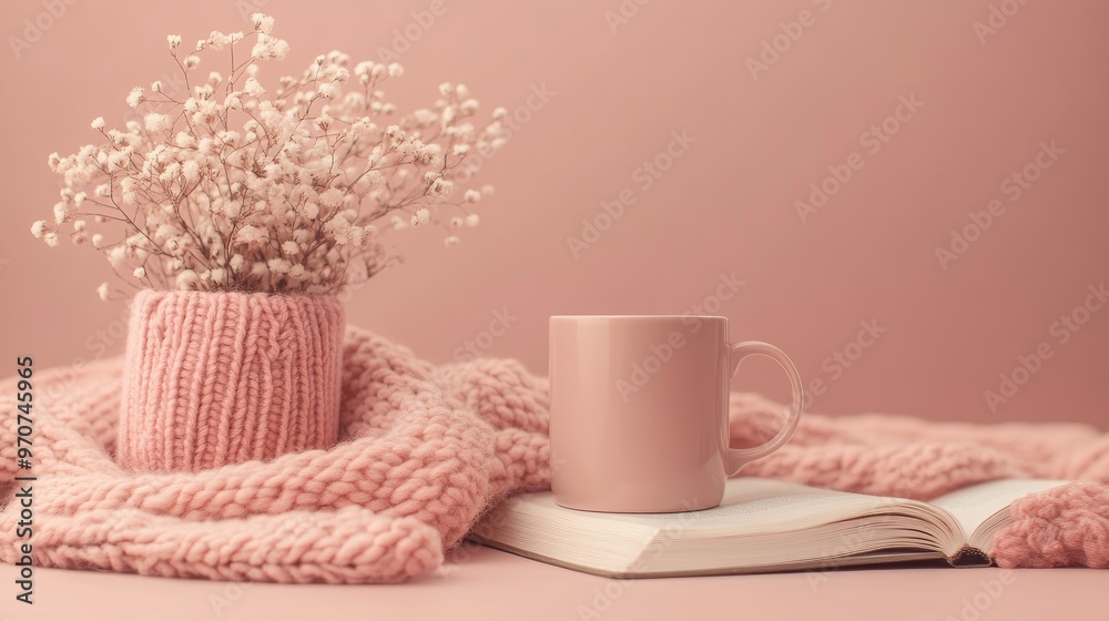 A cozy setup with a pink mug, knitted blanket, and book on a pink background, symbolizing relaxation. A cozy setup with a pink mug, knitted blanket, and book on a pink background, symbolizing relaxation.