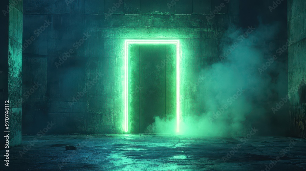A glowing green door illuminated in a misty, mysterious space, inviting exploration and curiosity in a dark atmosphere. A glowing green door illuminated in a misty, mysterious space, inviting exploration and curiosity in a dark atmosphere.