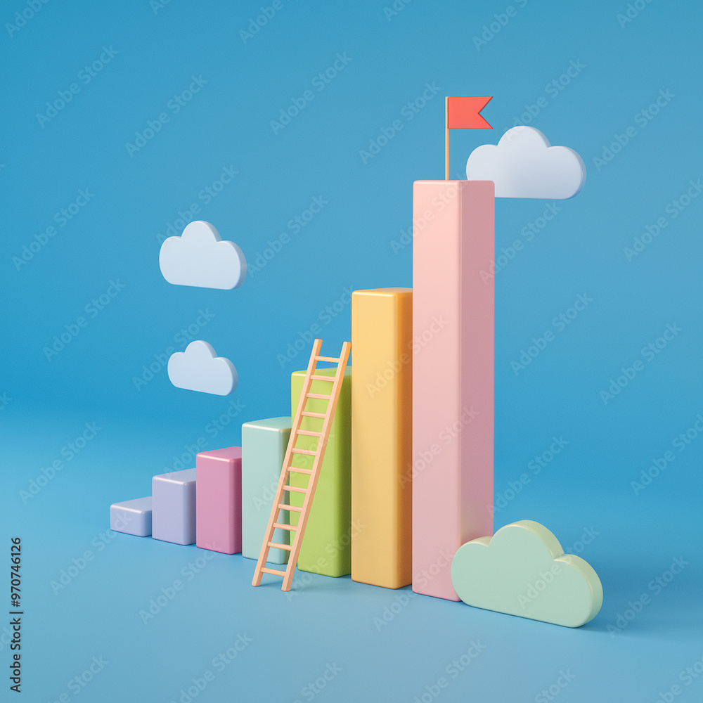 Colorful bar chart with ladder and flag, representing growth and success in business, set against a blue background with clouds. Colorful bar chart with ladder and flag, representing growth and success in business, set against a blue background with clouds.