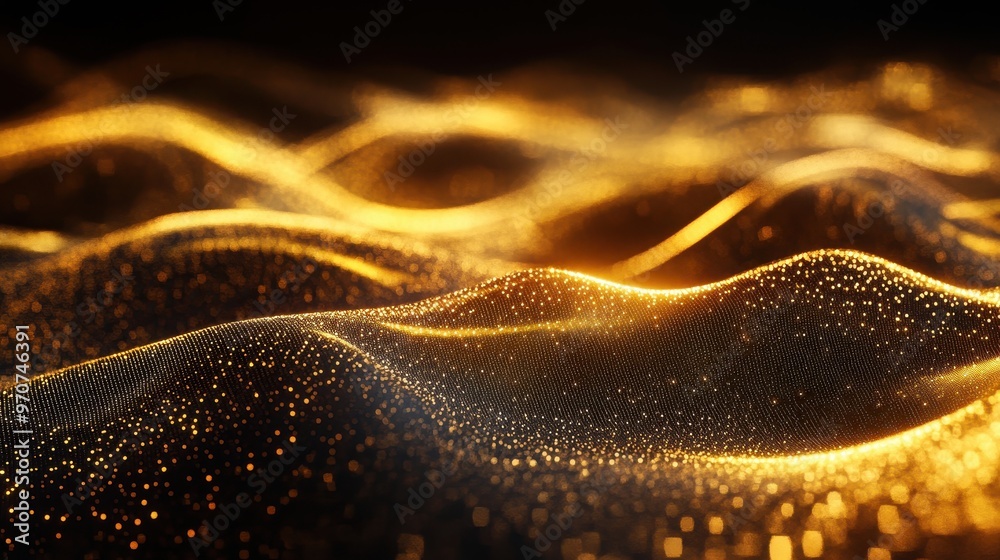 A mesmerizing close-up of golden waves adorned with shimmering particles, perfect for a luxurious and abstract aesthetic. A mesmerizing close-up of golden waves adorned with shimmering particles, perfect for a luxurious and abstract aesthetic.