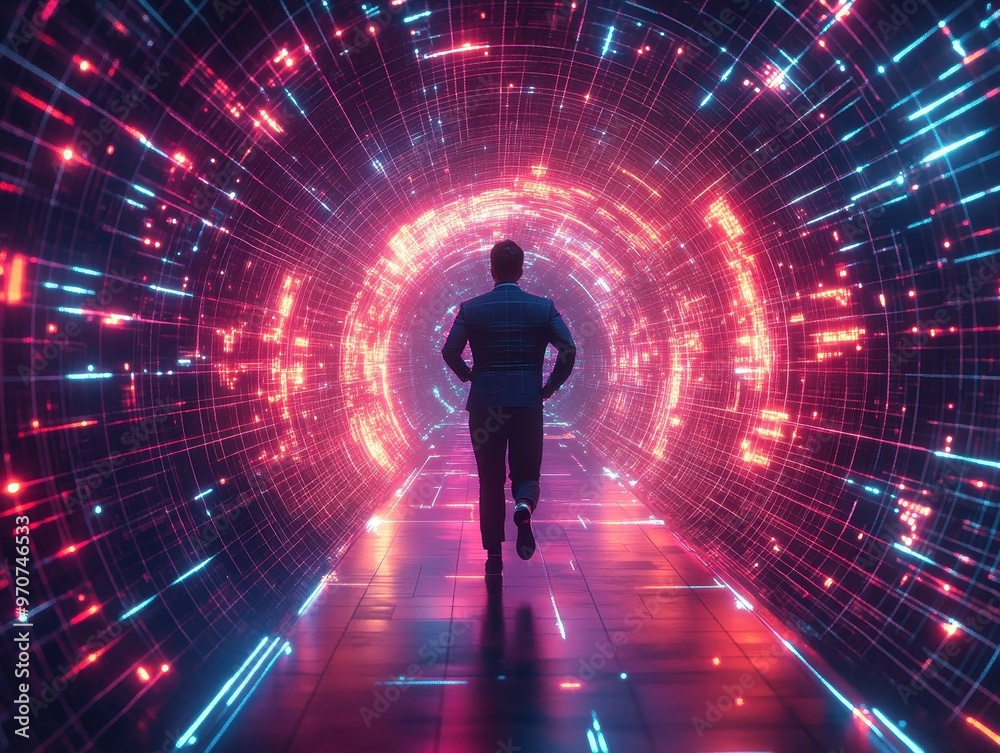 A person running through a vibrant, futuristic tunnel illuminated by colorful lights. Ideal for themes of technology and exploration. A person running through a vibrant, futuristic tunnel illuminated by colorful lights. Ideal for themes of technology and exploration.