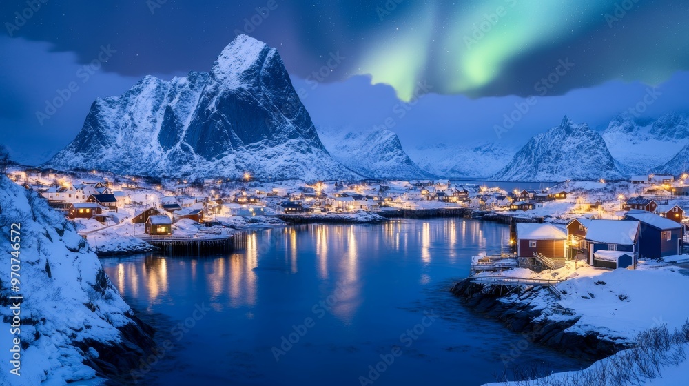 Naklejka premium Amazing night cityscape of Reine town with snowy moutaines on background and Northern Lights. Popular travel destination.