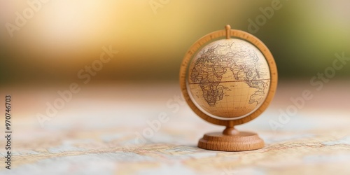 An antique globe set against a vintage map backdrop. a focused selection. vintage-inspired. science, learning, travel, and a historical context. geography and history team. photo