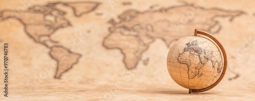 An antique globe set against a vintage map backdrop. a focused selection. vintage-inspired. science, learning, travel, and a historical context. geography and history team. photo