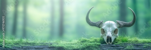 A skull is on a grassy field with a green background. The skull is surrounded by moss and he is a part of a larger scene