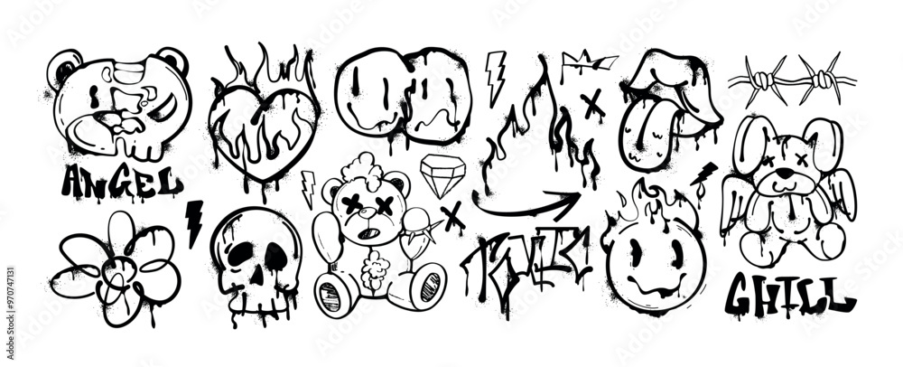 Fototapeta premium Drip spray paint graffiti elements of bear, fire heart, open mouth and tongue, rock flame, melting smile faces emoji and skull icon. Graphic grunge ink symbols, slogan or black street art drop sticker