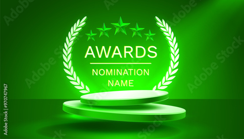 Awards nomination name podium, neon prize event, scene star ceremony. Vector illustration