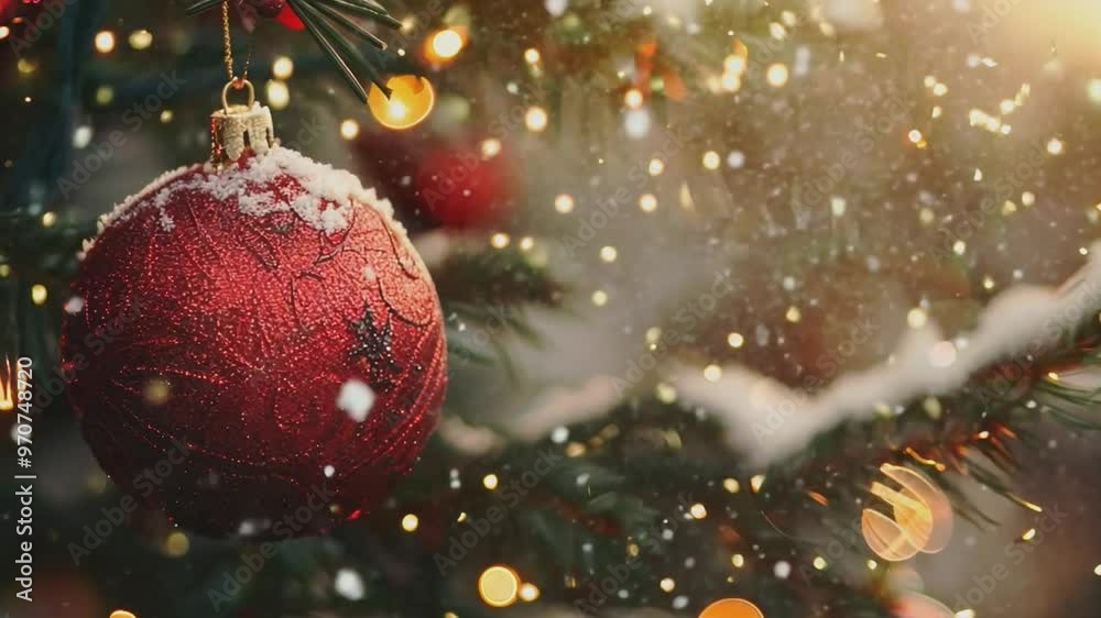 A vibrant red Christmas ornament, accompanied by pinecones and berries, hangs on a lush green pine tree. A vibrant red Christmas ornament, accompanied by pinecones and berries, hangs on a lush green pine tree.