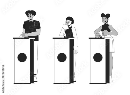 Quiz show participants standing behind buzzer podiums black and white 2D line characters set. Trivia game contestants diverse isolated vector outline people. Monochrome spot illustrations collection