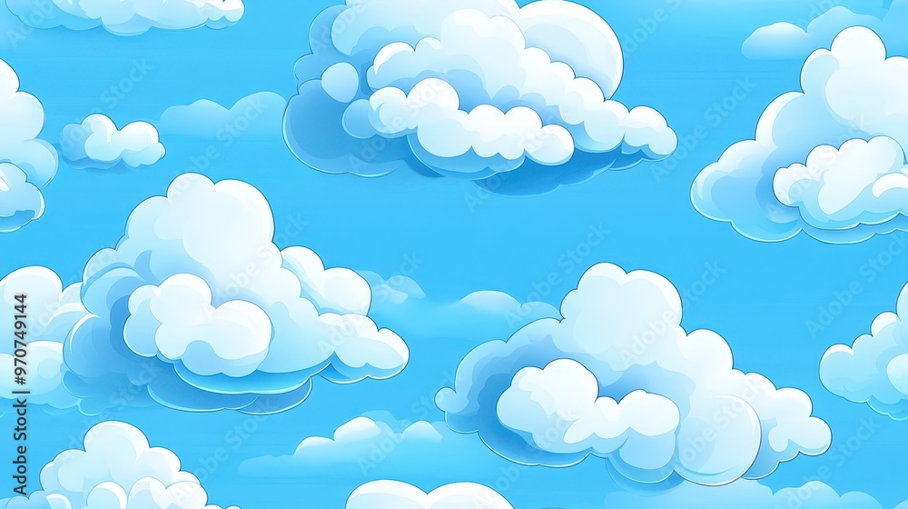 Cartoon-style seamless pattern of fluffy white clouds on a bright blue sky background. Perfect for children's designs or dreamy concepts. Cartoon-style seamless pattern of fluffy white clouds on a bright blue sky background. Perfect for children's designs or dreamy concepts.