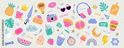 Cute diary journal sticker set. Daily planner labels, scrapbook icons flat pack. Bullet journal decoration elements with quotes, trendy lettering, drinks, fruits for to do list, scheduler or organizer