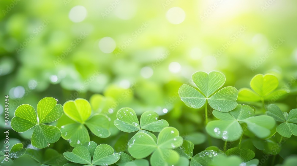 Close-up of a fresh green clover leaf with water droplets on a vibrant, dewy background. Symbol of luck and nature.
