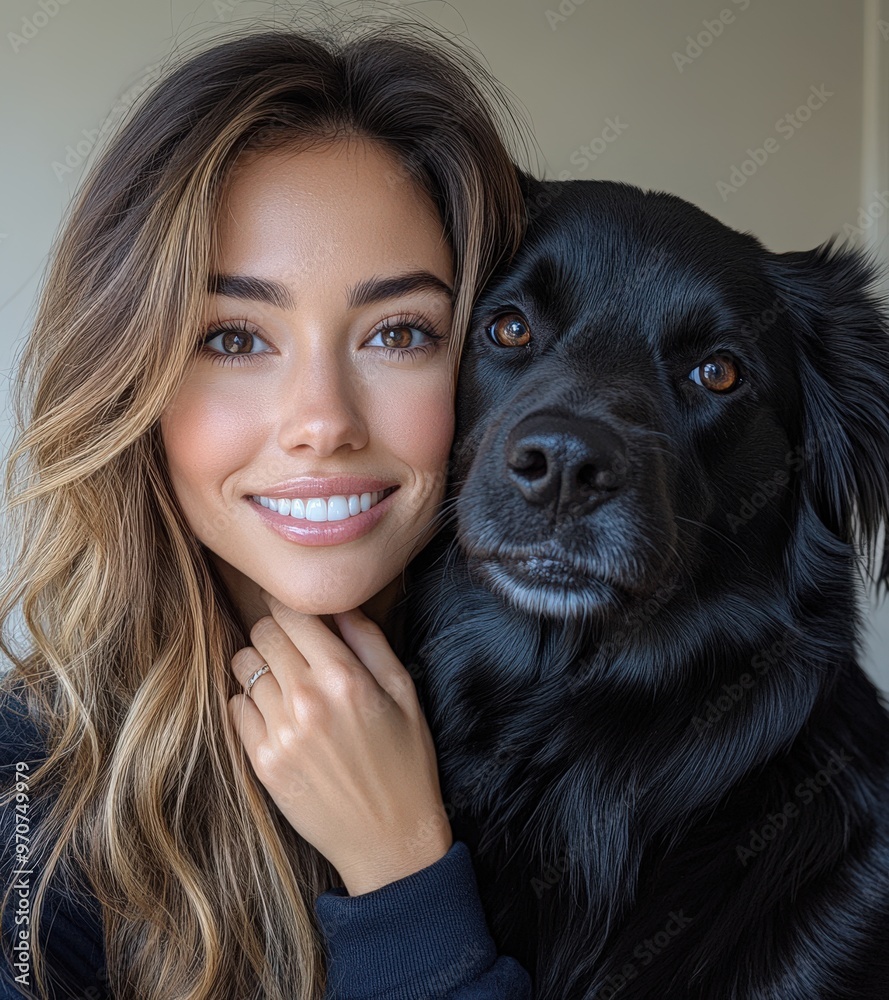 Young woman smiling alongside her black dog in a cozy indoor setting during daylight hours Young woman smiling alongside her black dog in a cozy indoor setting during daylight hours