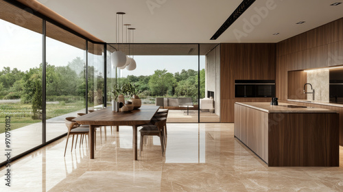 Wallpaper Mural A modern kitchen with a dining table, beige marble floors, and wooden furniture. It has a large window offering a beautiful view of the countryside. Torontodigital.ca