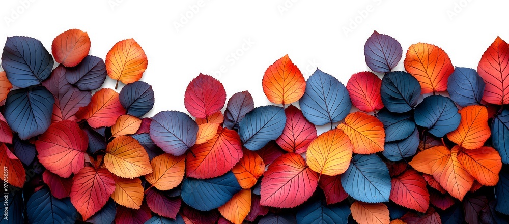 Vibrant autumn leaves in shades of red, orange, and purple against a white backdrop Vibrant autumn leaves in shades of red, orange, and purple against a white backdrop