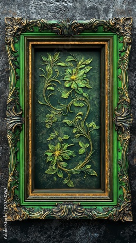 Ultra realistic green gorgeous frame, interior olive floral pattern, combining classic elegance with modern art details, suitable for interior decoration, home furnishings, and art exhibitions