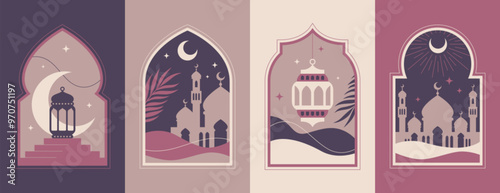 Set of ramadan kareem arches, old islamic window shape with crescent night moon, middle eastern lantern and morocco mosque dome in oriental style. Arabic frames, arabian doors or eid mubarak gates.