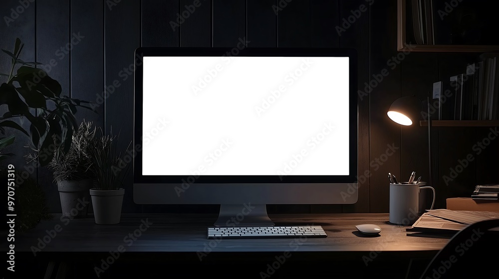 white screen desktop monitor mockup with dark background white screen desktop monitor mockup with dark background