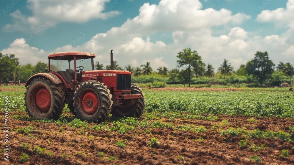 Indian tractor standing in the middle of a farm field Indian tractor standing in the middle of a farm field